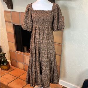 A Loves A Brown and Blue Floral Smocked Balloon Sleeve Midi Dress, size S
